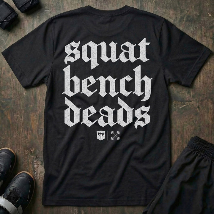 Squat Bench Deads on Black Tee - Conquering Barbell