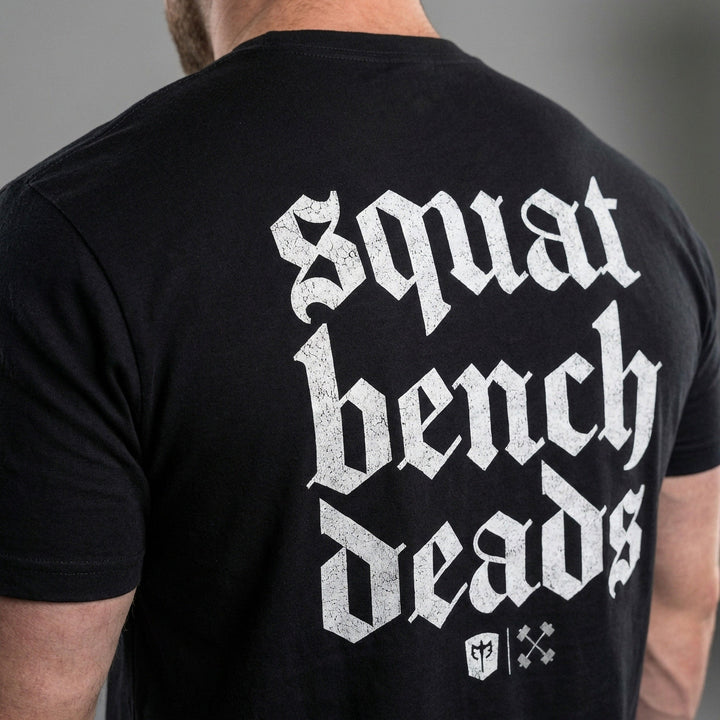 Squat Bench Deads on Black Tee - Conquering Barbell