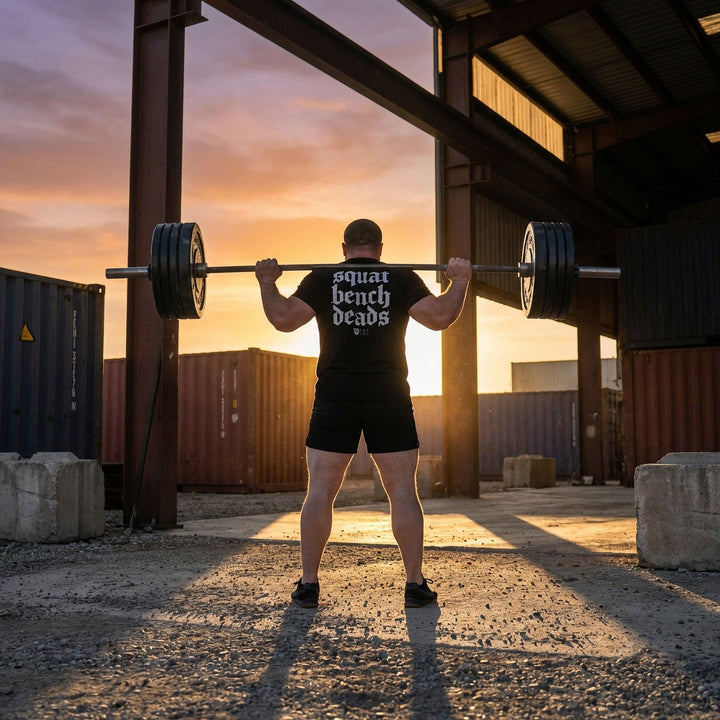 Squat Bench Deads on Black Tee - Conquering Barbell