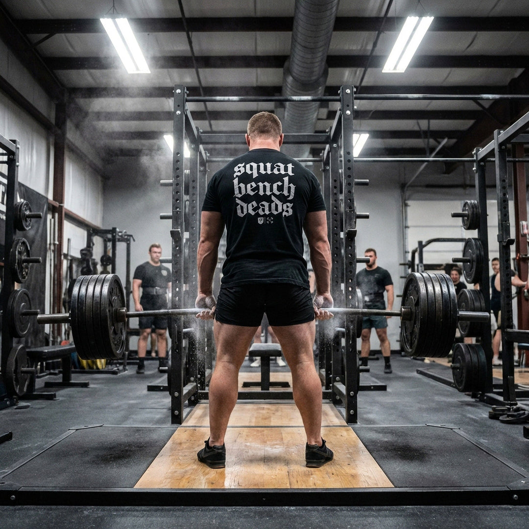 Squat Bench Deads on Black Tee - Conquering Barbell