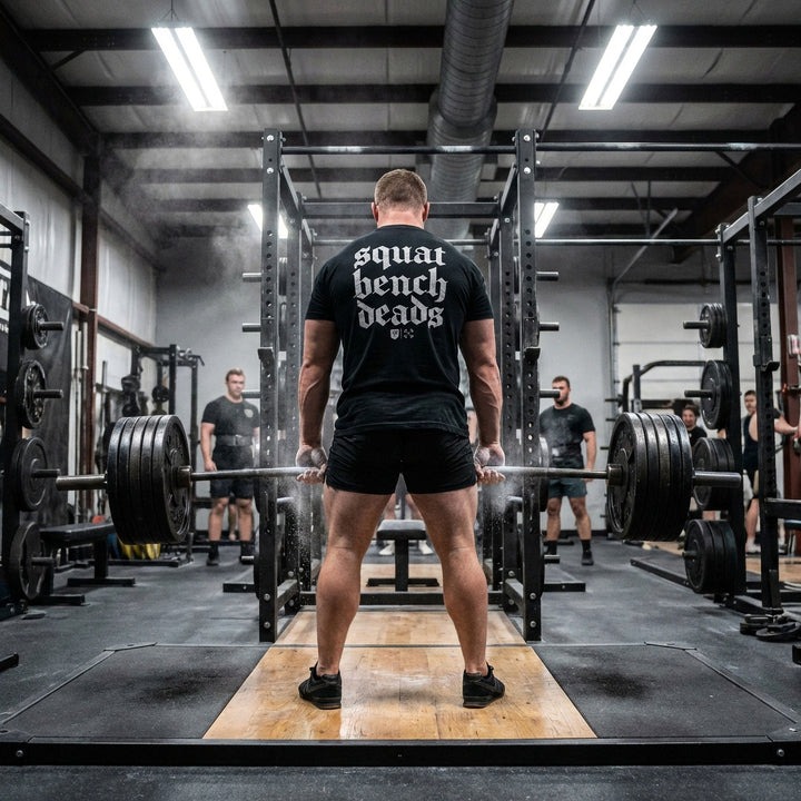 Squat Bench Deads on Black Tee - Conquering Barbell