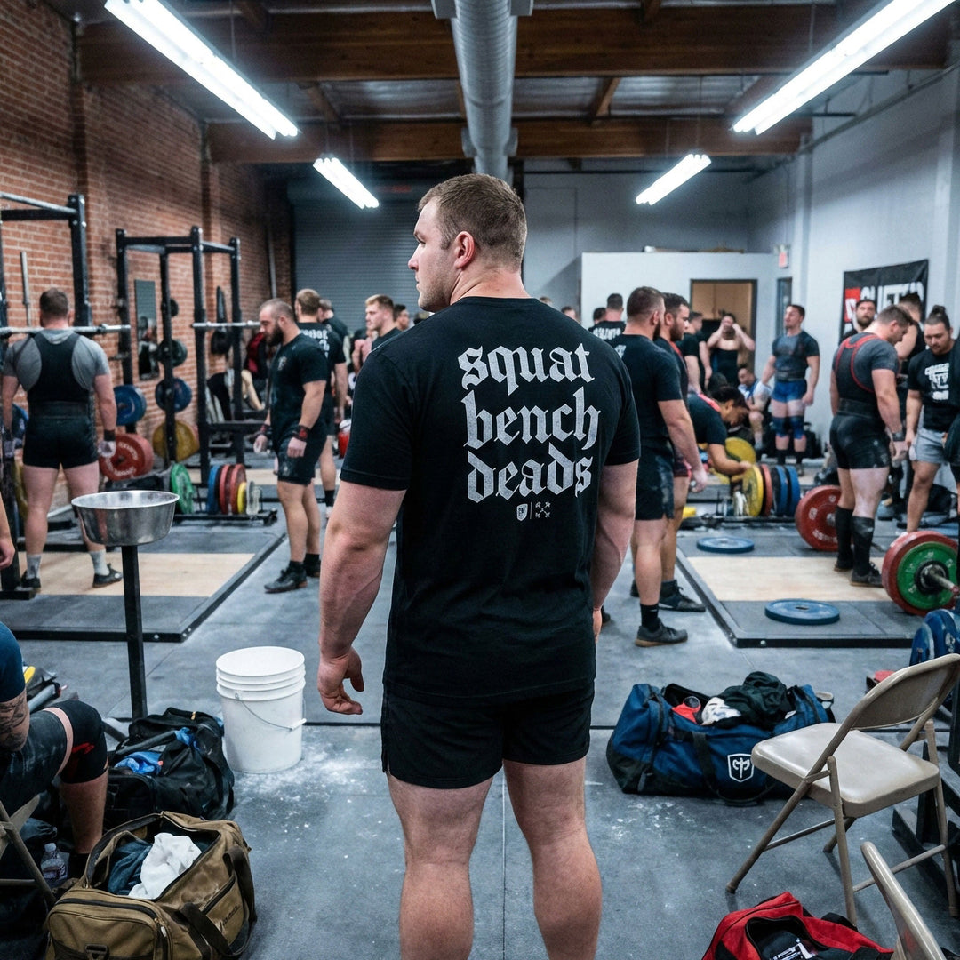 Squat Bench Deads on Black Tee - Conquering Barbell
