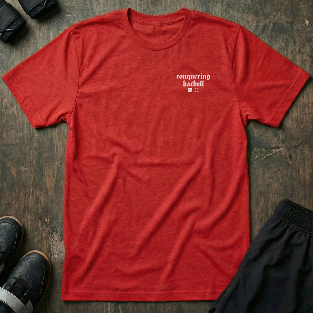 Squat Bench Deads tee in Red: squat bench deads stacked in huge blackletter with the CB marks below across the back