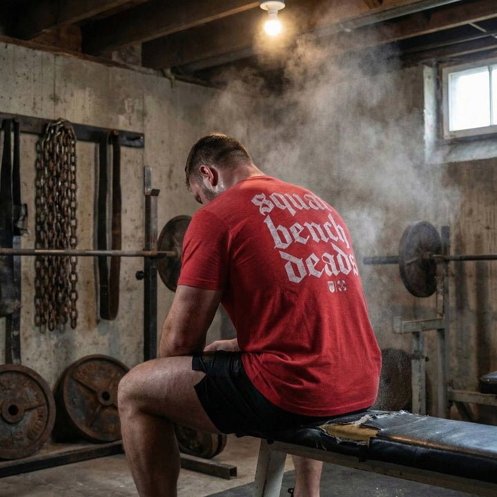 Squat Bench Deads tee in Red: squat bench deads stacked in huge blackletter with the CB marks below across the back