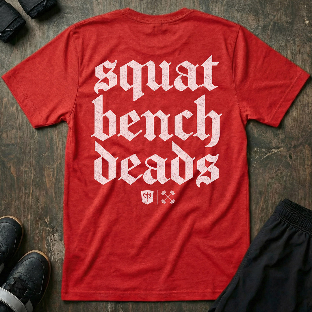 Squat Bench Deads tee in Red: squat bench deads stacked in huge blackletter with the CB marks below across the back