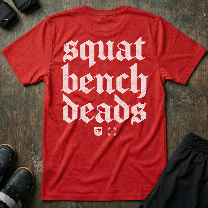 Squat Bench Deads tee in Red: squat bench deads stacked in huge blackletter with the CB marks below across the back