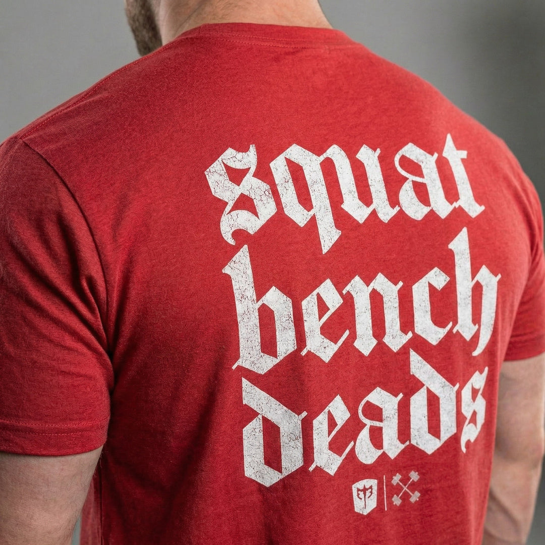 Squat Bench Deads tee in Red: squat bench deads stacked in huge blackletter with the CB marks below across the back