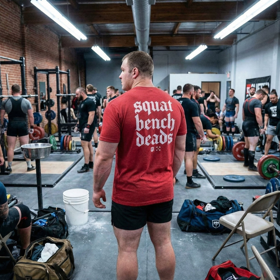 Squat Bench Deads tee in Red: squat bench deads stacked in huge blackletter with the CB marks below across the back