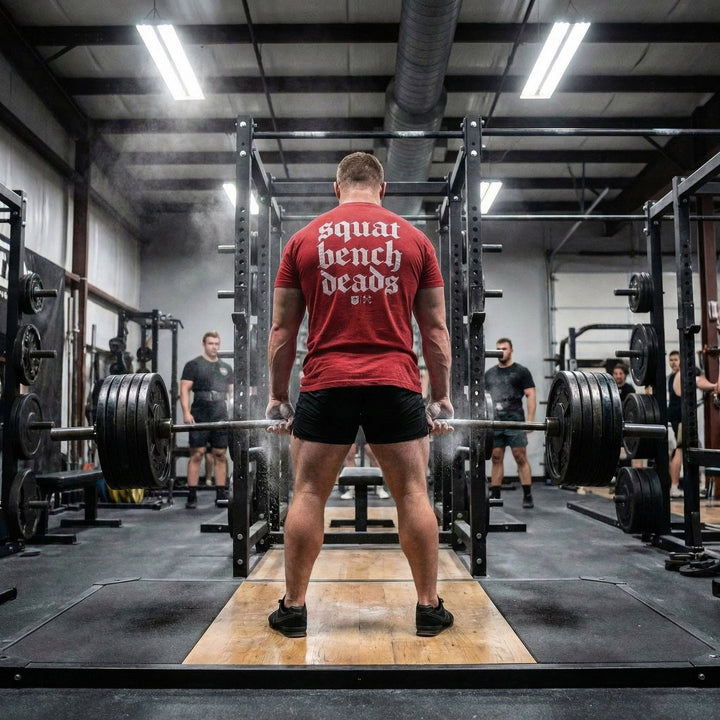 Squat Bench Deads tee in Red: squat bench deads stacked in huge blackletter with the CB marks below across the back