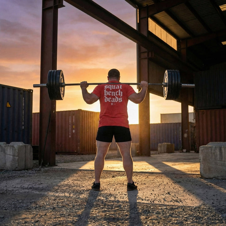 Squat Bench Deads tee in Red: squat bench deads stacked in huge blackletter with the CB marks below across the back