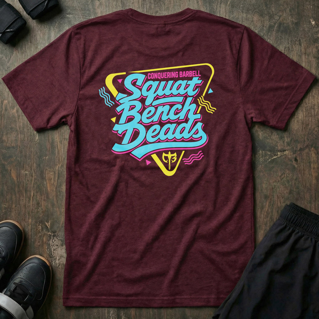 Squat Bench Deads Retro tee in Maroon: Squat Bench Deads stacked in oversized teal retro script