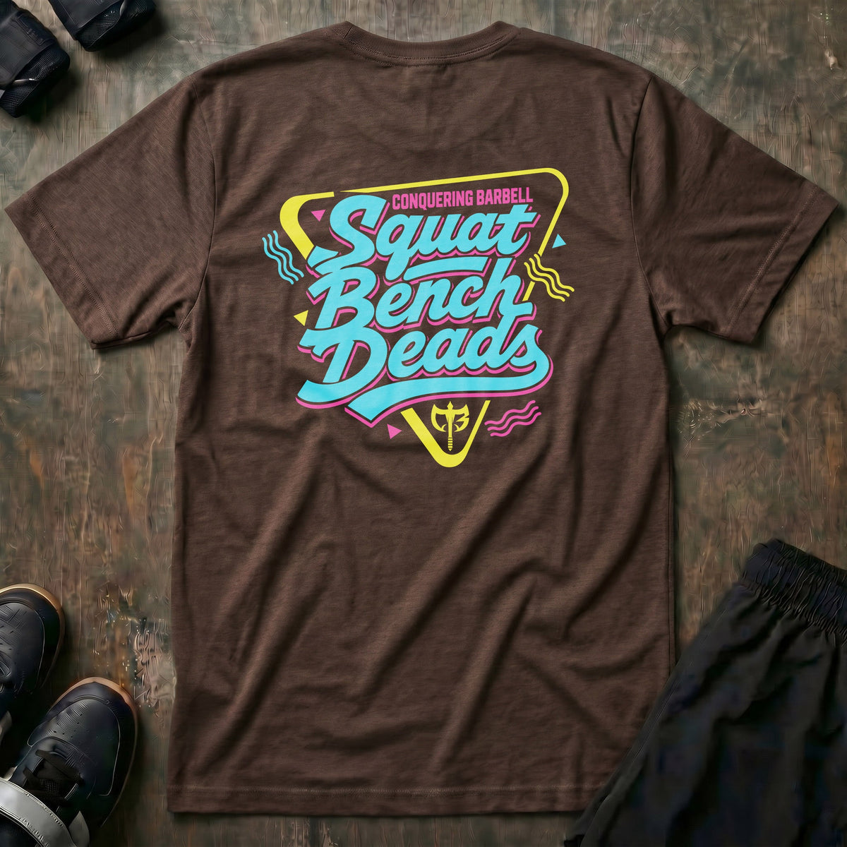 Squat Bench Deads Retro tee in Expresso: Squat Bench Deads stacked in oversized teal retro script