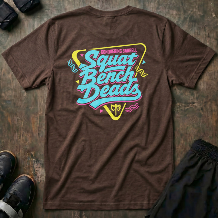 Squat Bench Deads Retro tee in Expresso: Squat Bench Deads stacked in oversized teal retro script