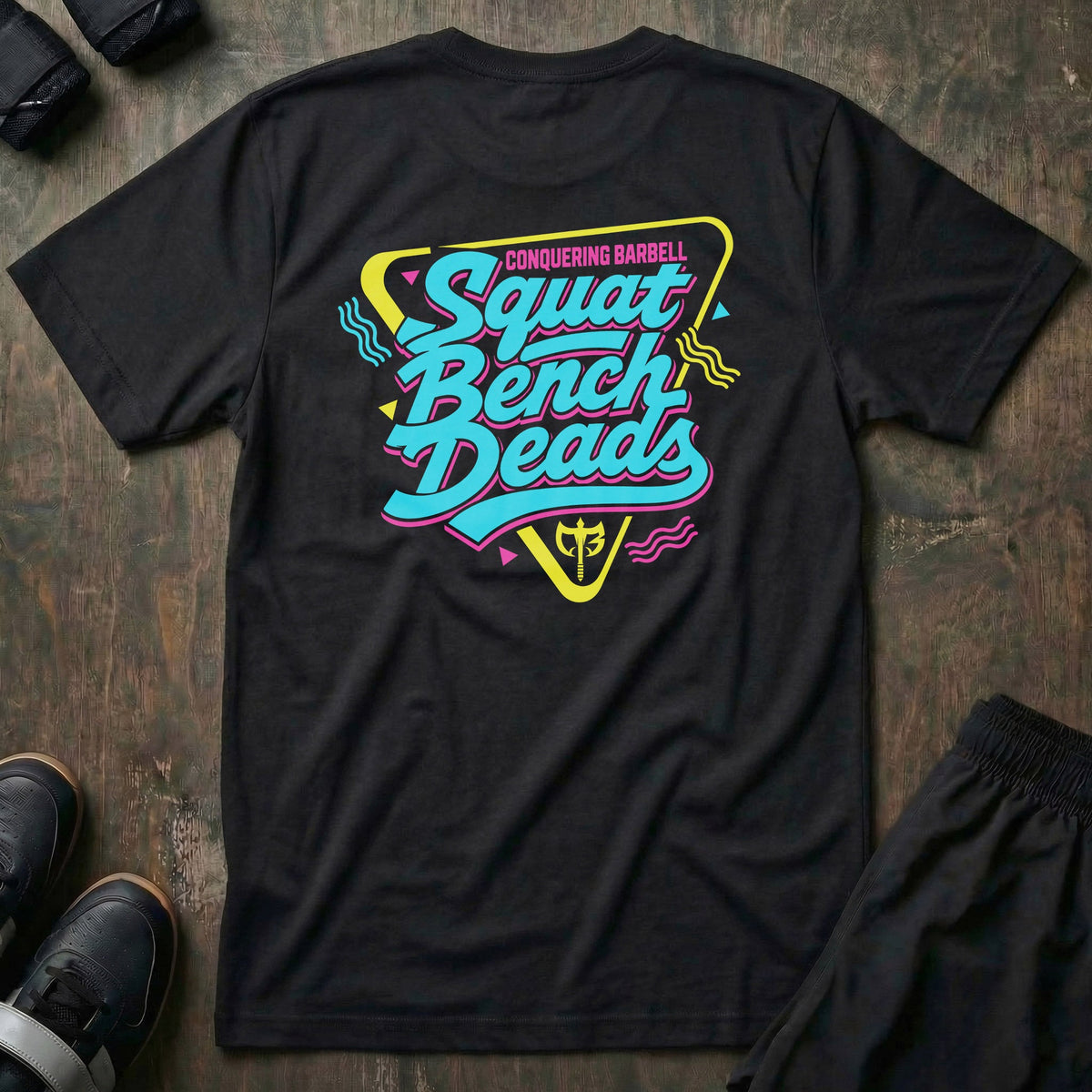 Squat Bench Deads Retro tee in Black: Squat Bench Deads stacked in oversized teal retro script
