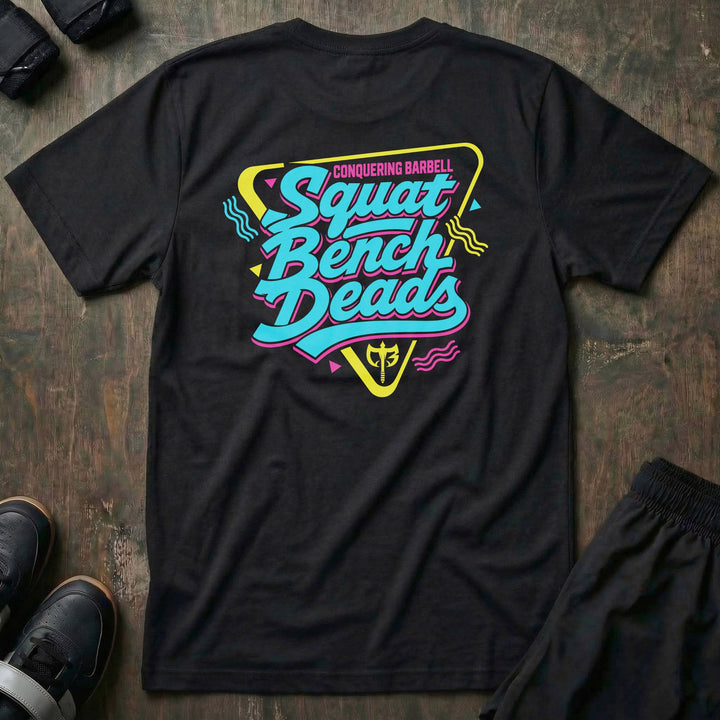 Squat Bench Deads Retro tee in Black: Squat Bench Deads stacked in oversized teal retro script