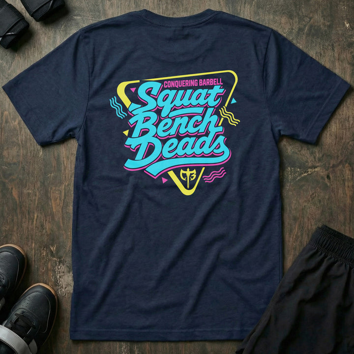 Squat Bench Deads Retro tee in Navy: Squat Bench Deads stacked in oversized teal retro script