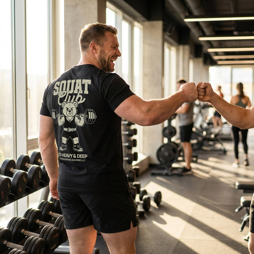 Squat Club tee: a classic teddy bear squatting heavy in a lifting belt with a loaded barbell across his back