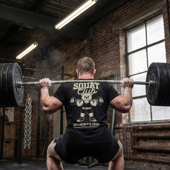 Squat Club tee: a classic teddy bear squatting heavy in a lifting belt with a loaded barbell across his back