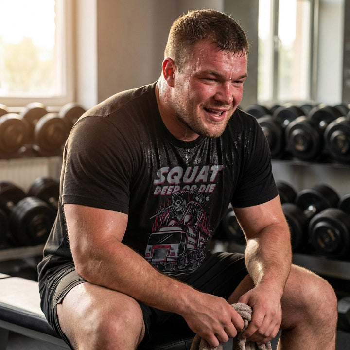 Squat Deep or Die! No Garbage Depth tee in Black: the grim reaper behind the wheel of a garbage truck