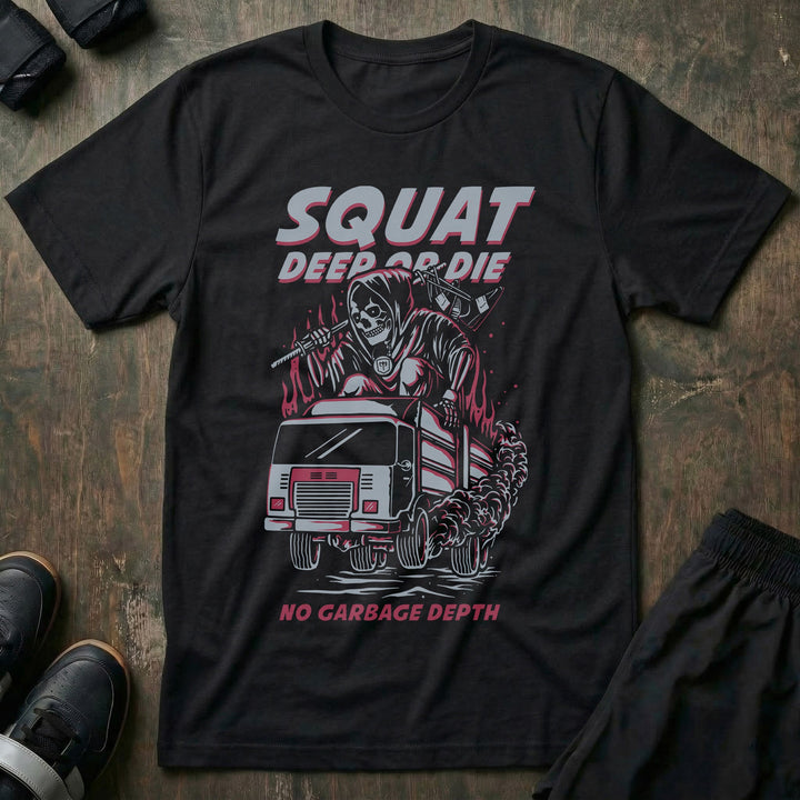 Squat Deep or Die! No Garbage Depth tee in Black: the grim reaper behind the wheel of a garbage truck