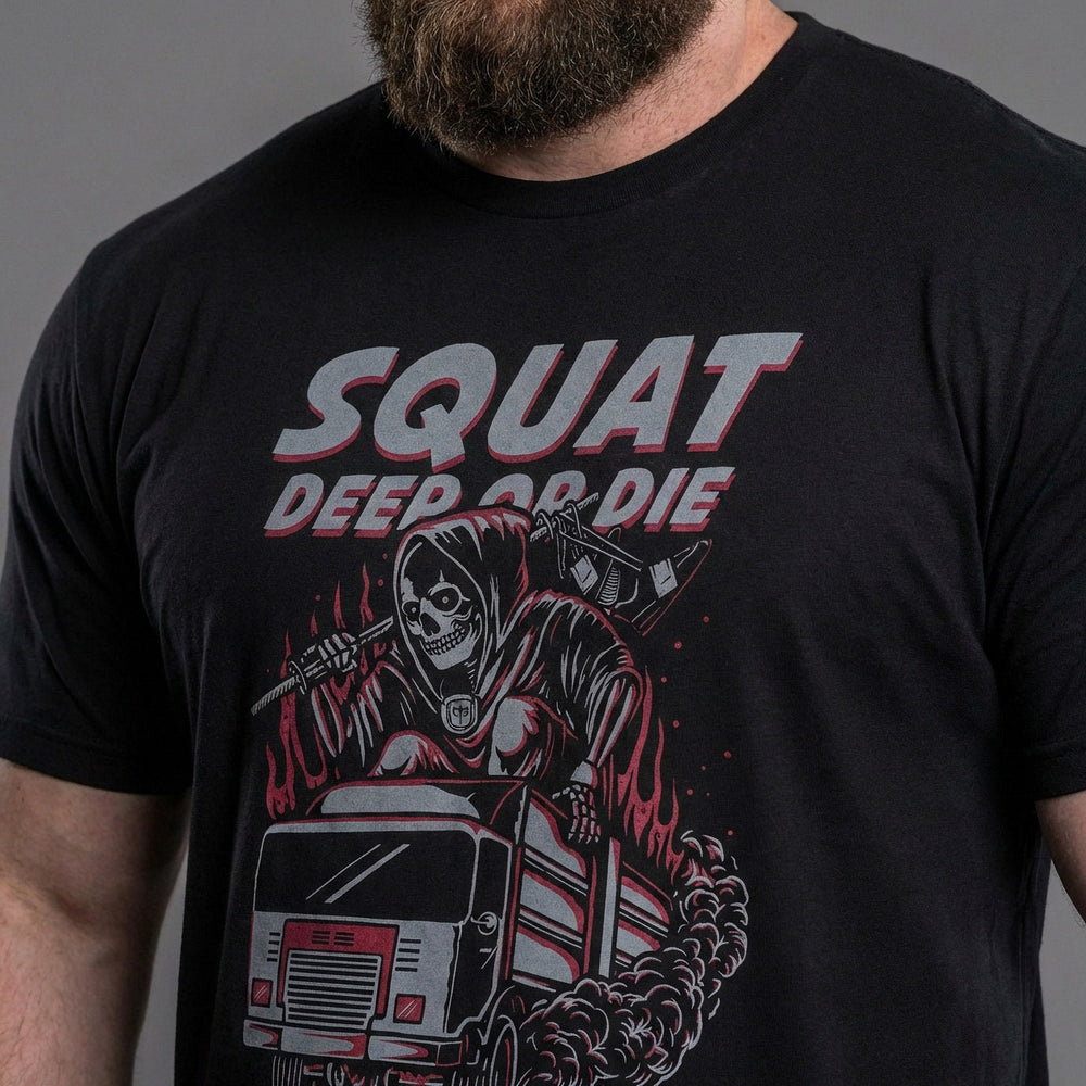 Squat Deep or Die! No Garbage Depth tee in Black: the grim reaper behind the wheel of a garbage truck