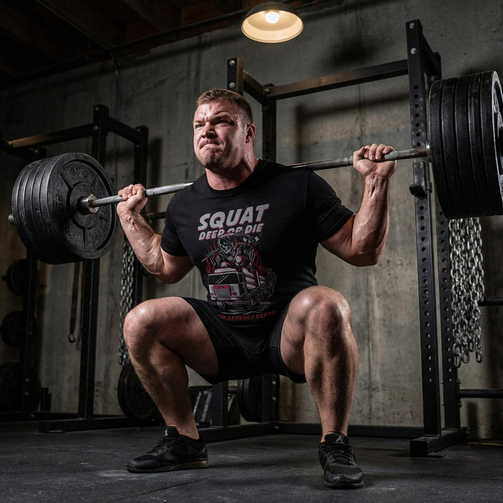 Squat Deep or Die! No Garbage Depth tee in Black: the grim reaper behind the wheel of a garbage truck