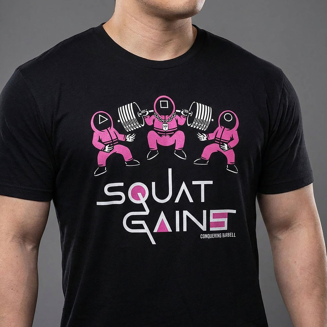Squat Gains - on Black Tee - Conquering Barbell