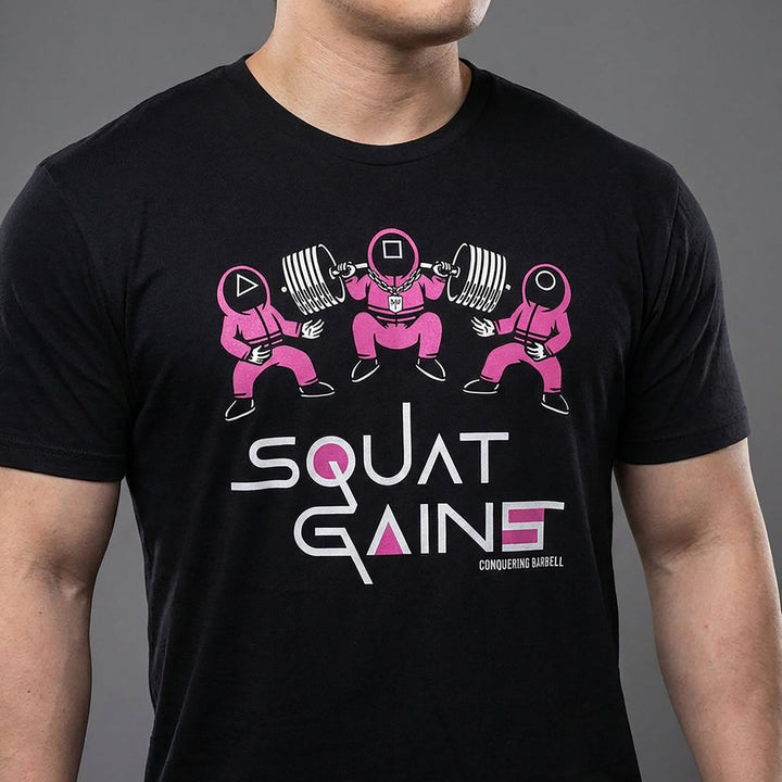 Squat Gains - on Black Tee - Conquering Barbell