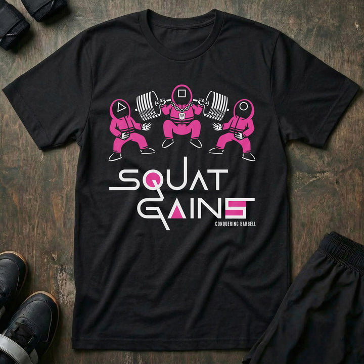 Squat Gains - on Black Tee - Conquering Barbell