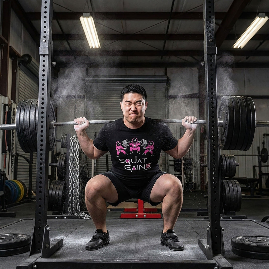 Squat Gains - on Black Tee - Conquering Barbell