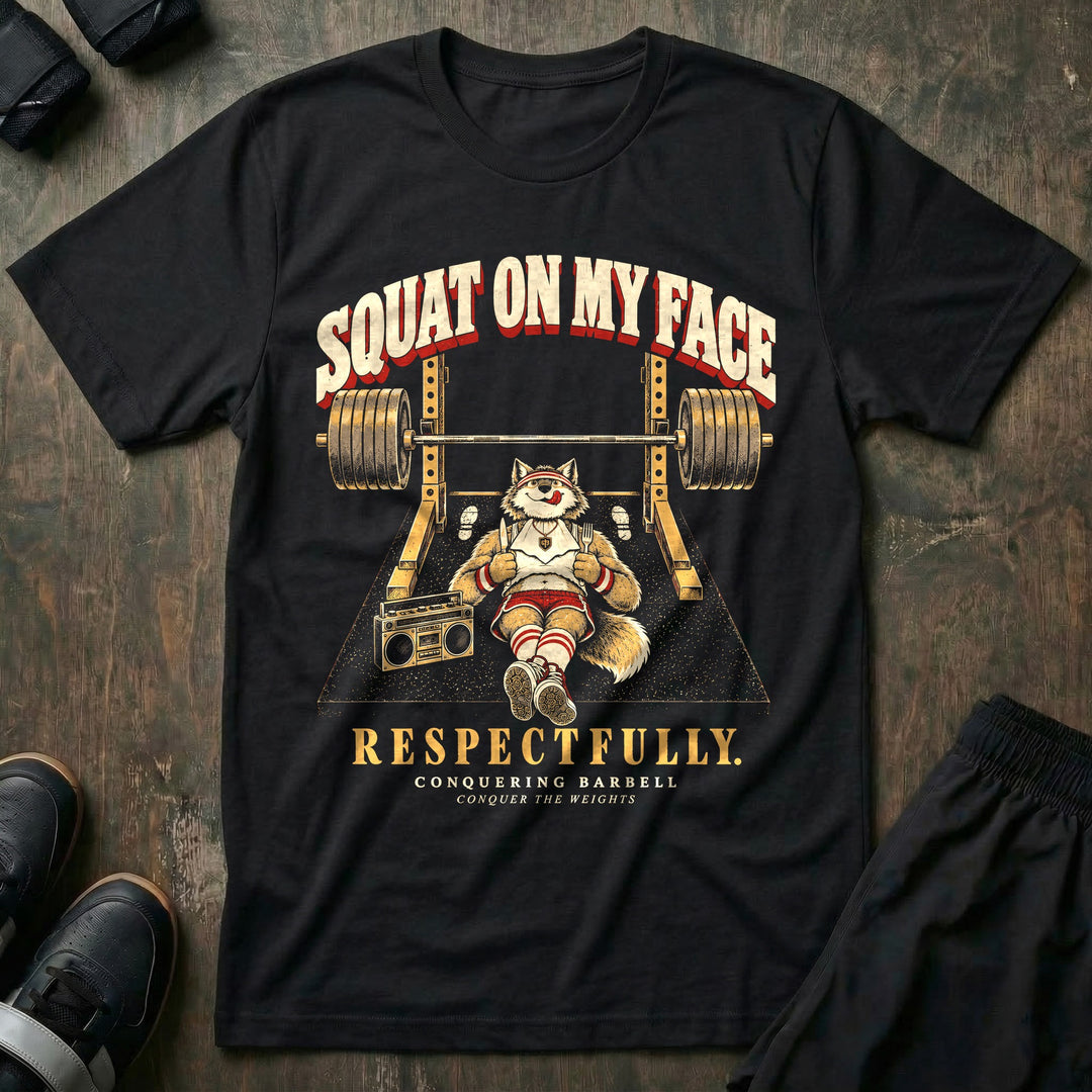 Squat on My Face Respectfully - Tee front graphic in Black with a wolf in retro gym gear lying under a loaded squat rack with a napkin, knife, and fork - Conquering Barbell