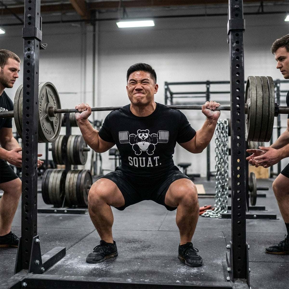 Squat Panda tee in Black: a panda driving up out of the hole with a loaded barbell on its back