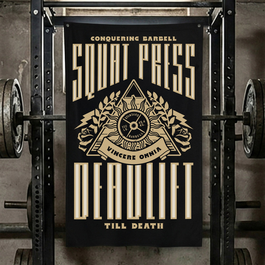 Squat Press Deadlift Till Death - Polyester Flag, vertical black gym flag with all-seeing eye pyramid wrapped in roses - Conquering Barbell