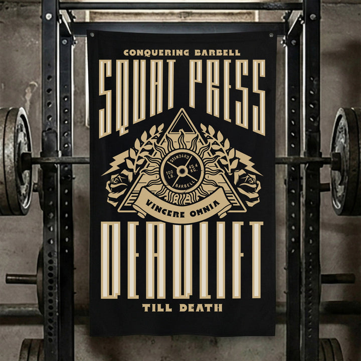 Squat Press Deadlift Till Death - Polyester Flag, vertical black gym flag with all-seeing eye pyramid wrapped in roses - Conquering Barbell
