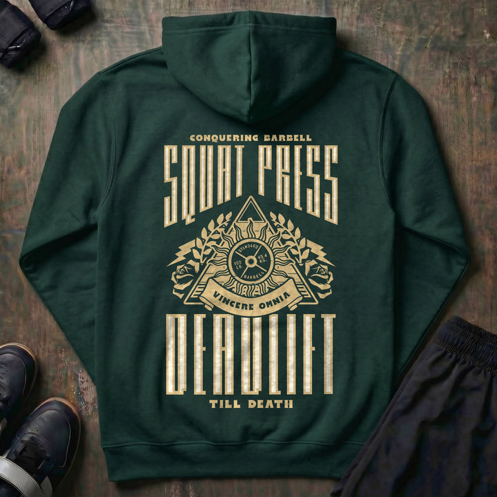 Squat Press Deadlift Till Death pullover hoodie in Alpine Green, back print