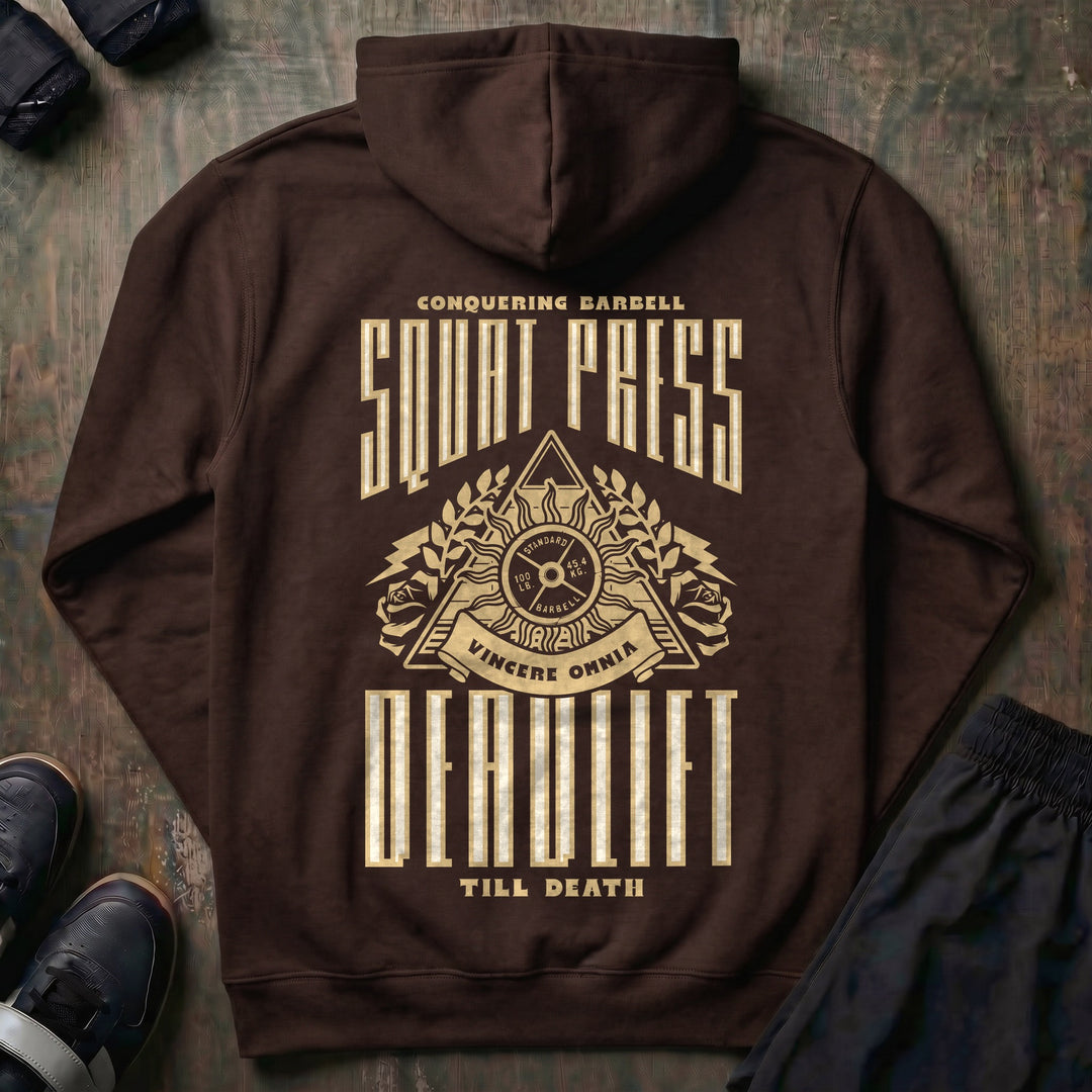 Squat Press Deadlift Till Death pullover hoodie in Brown, back print