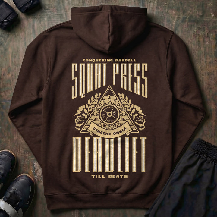 Squat Press Deadlift Till Death pullover hoodie in Brown, back print