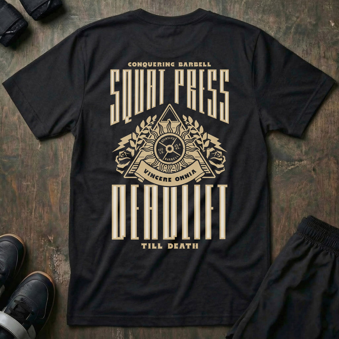 Squat Press Deadlift Till Death tee in Black: an all-seeing eye pyramid built around a 100 lb plate