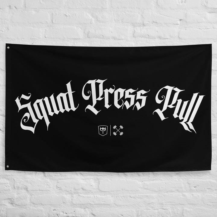 Squat Press Pull® - Arch - Polyester Flag, horizontal gym flag hanging in a home gym - Conquering Barbell