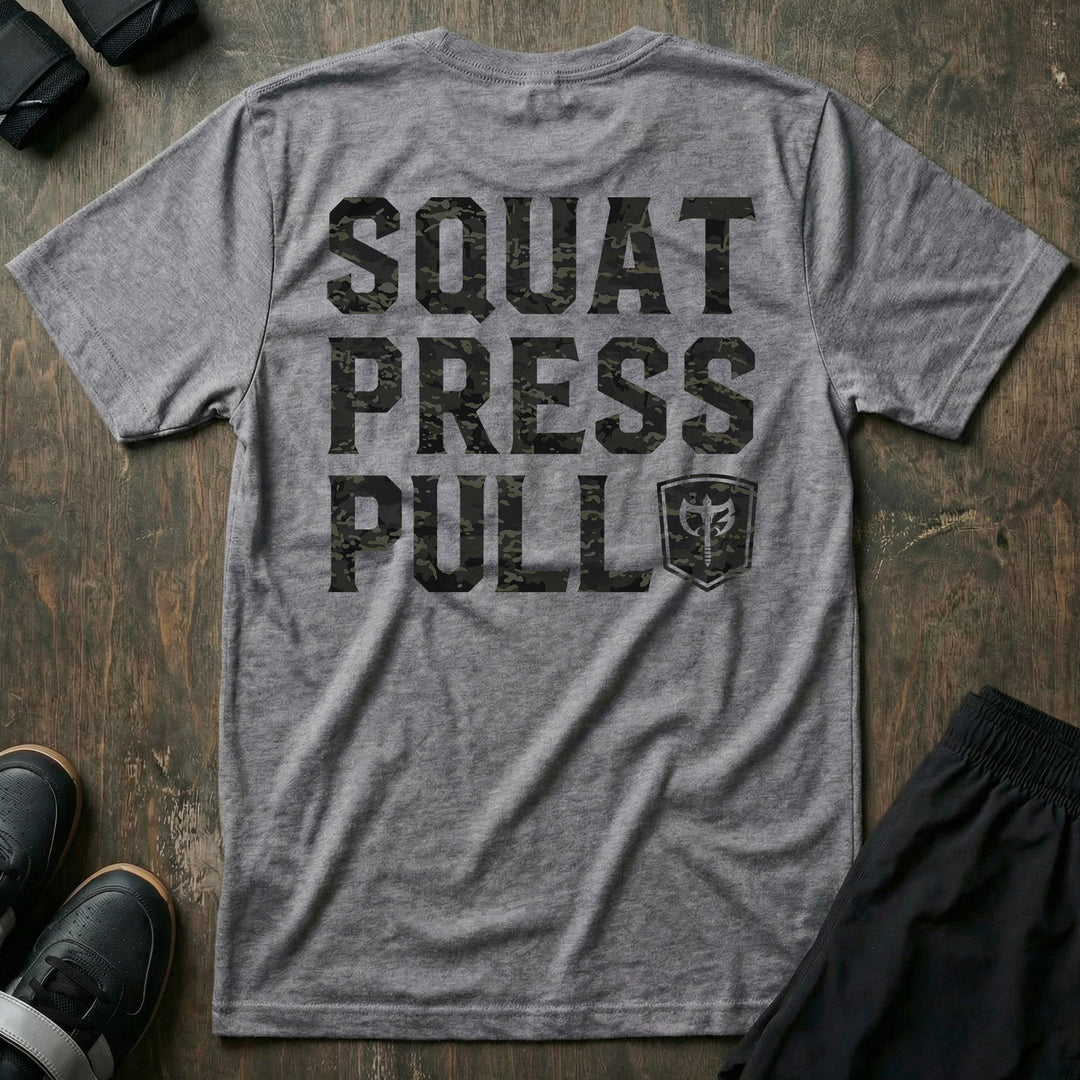 Squat Press Pull® tee in Heather Grey: SQUAT PRESS PULL in oversized black camo lettering stacked down the back