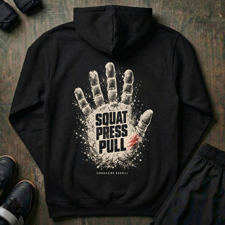 Squat Press Pull - Chalk Hand - Pullover Hoodie - back print on black