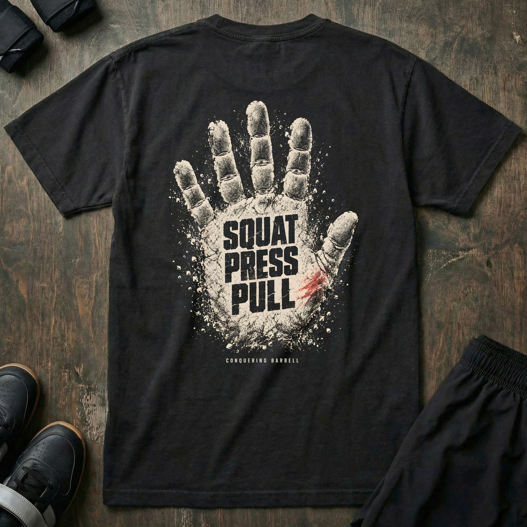 Squat Press Pull - Chalk Hand - Relaxed Fit Tee - back print on black