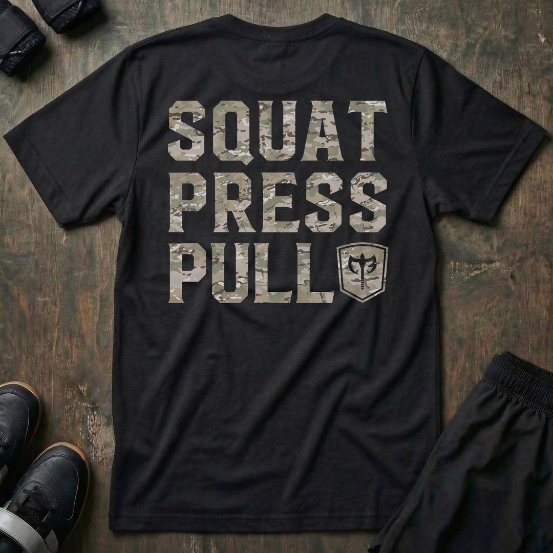 Squat Press Pull® tee in Black: SQUAT PRESS PULL in oversized multi-terrain camo lettering stacked down the back
