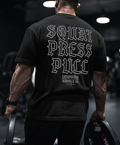 Squat Press Pull - OG Black - Relaxed Fit tee - Conquering Barbell