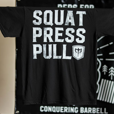 Squat Press Pull® on Black Tee - Conquering Barbell