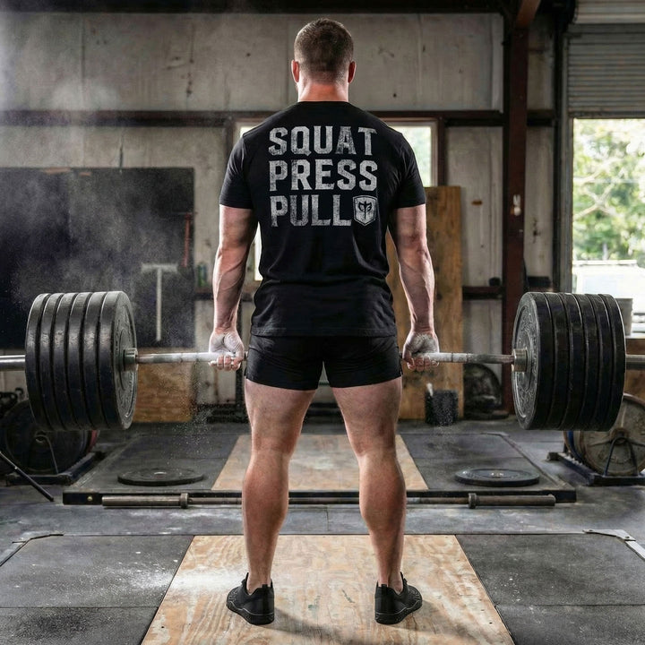 Squat Press Pull® on Black Tee - Conquering Barbell