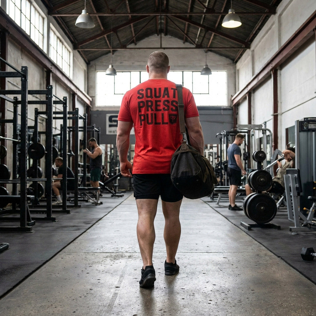Squat Press Pull® on Red Tee - Conquering Barbell