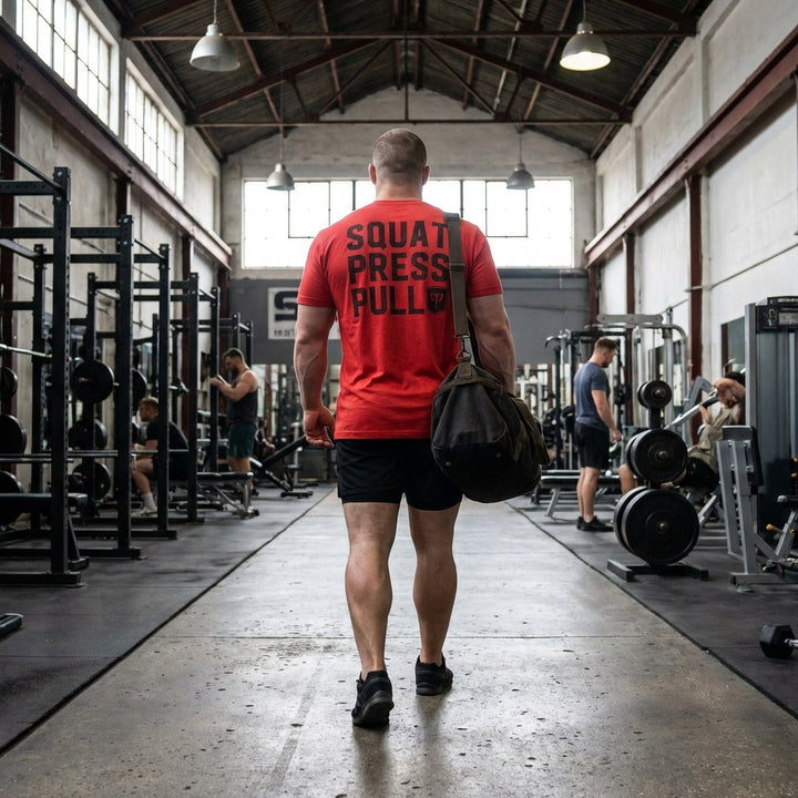 Squat Press Pull® on Red Tee - Conquering Barbell