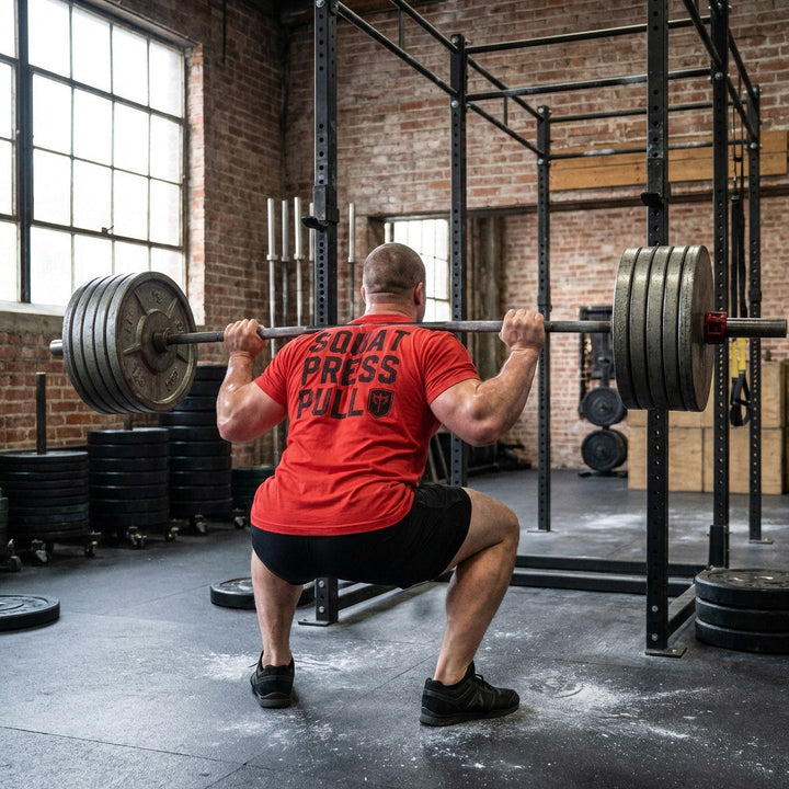 Squat Press Pull® on Red Tee - Conquering Barbell