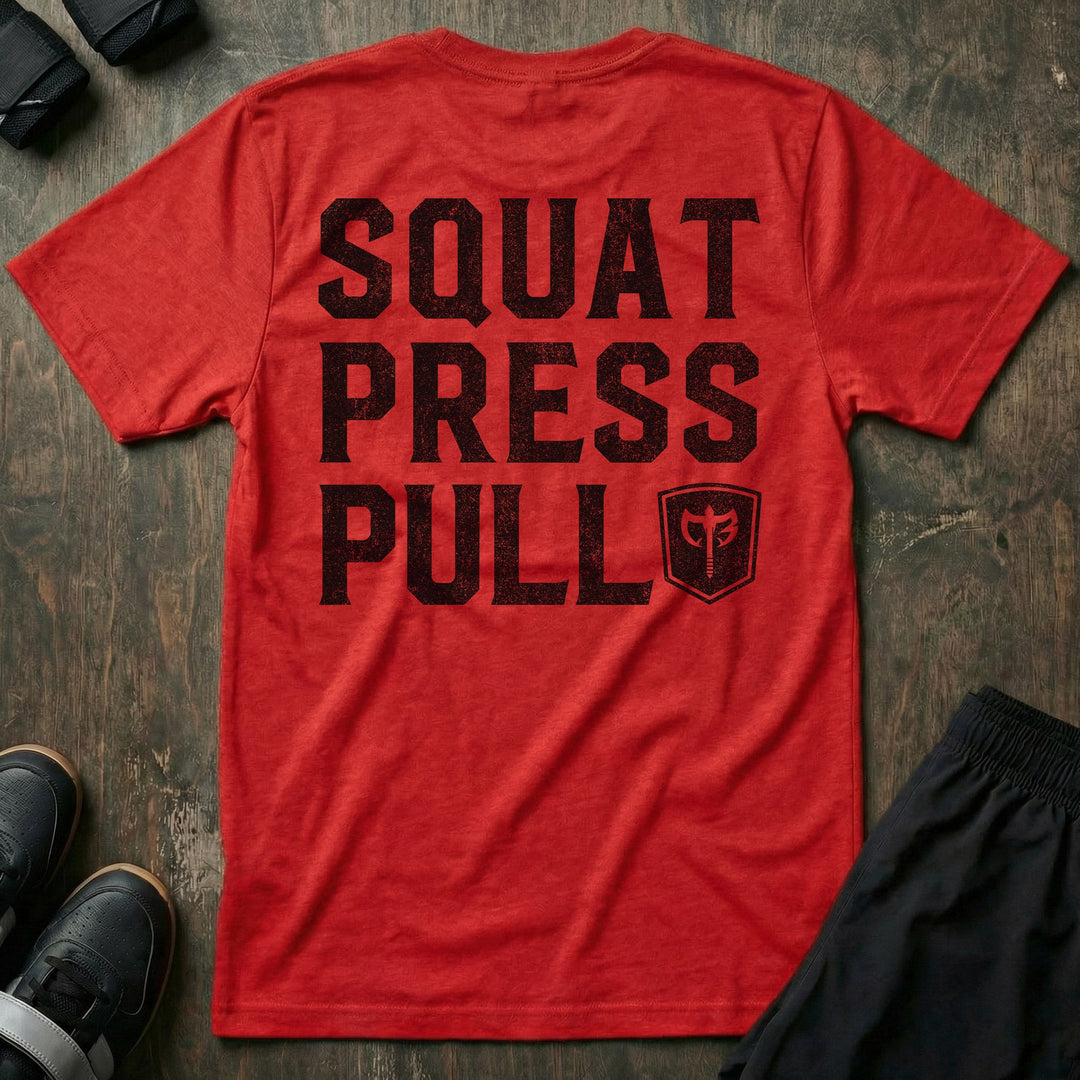 Squat Press Pull® on Red Tee - Conquering Barbell